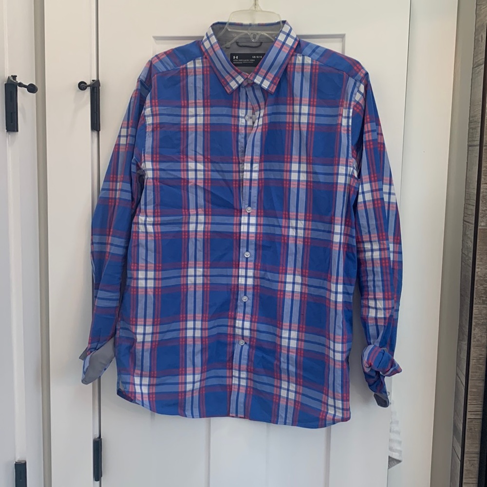 Under Armour button down, blue red white plaid Sz L fitted lightweight